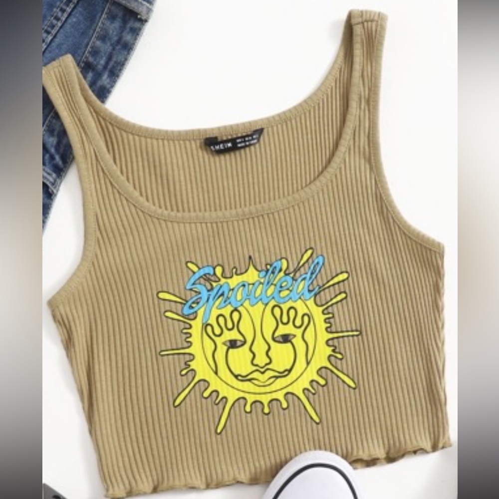 SHEIN Tan Ribbed Tank with Sun Graphic